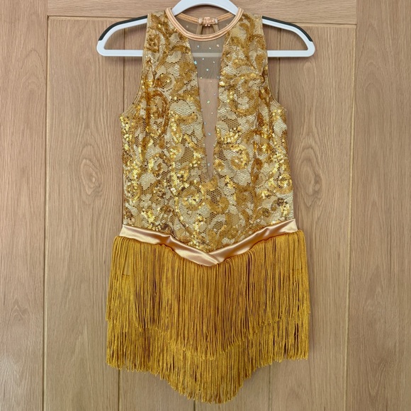 Revolution Dancewear “Encore” Gold Fringe Dance Costume size Large Child - Picture 7 of 16